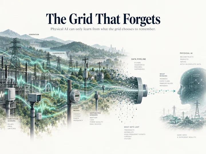 Infographic titled The Grid That Forgets: sensors across generation, transmission, and distribution feed a data pipeline that filters and discards detail, leaving Physical AI with only a partial picture.