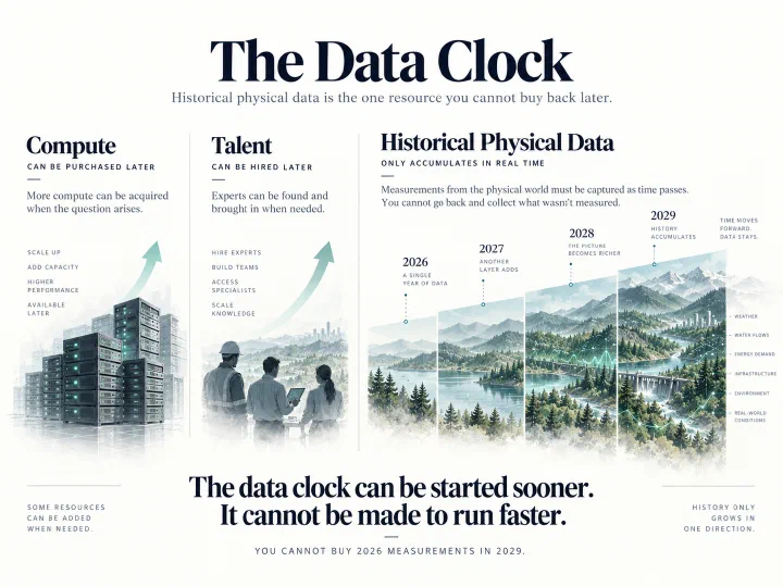 Infographic titled The Data Clock: compute and talent can be acquired later, but historical physical data only accumulates in real time.