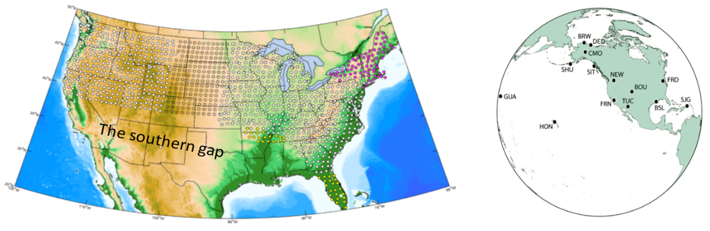 Two maps: on the left, the continental US covered by a grid of magnetotelluric station markers with a gap labeled in the southwest; on the right, a globe marking the locations of permanent magnetic observatories.